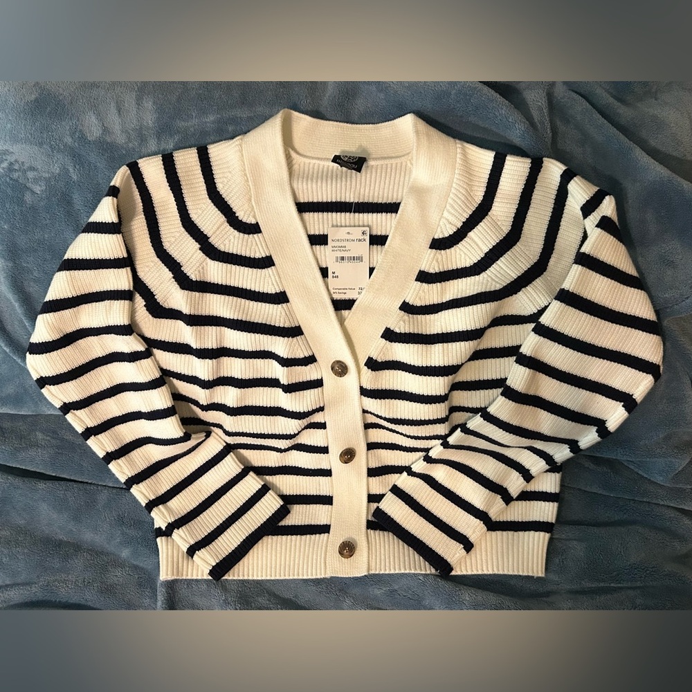 Bobeau Navy and White Striped Cardigan
